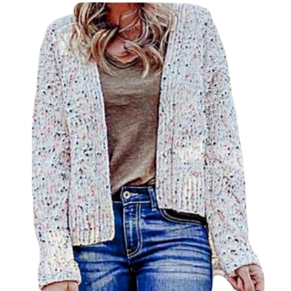 Moon & Madison Open  Drop Shoulder Cardigan Sweater Cream Confetti Speckled M - Picture 1 of 10